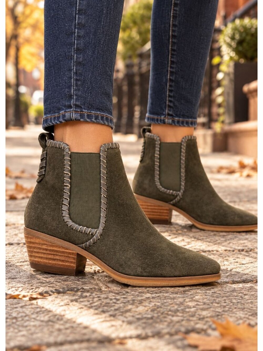 Jack Rogers Olive Green Suede Chelsea Ankle Boots Women's 6.5 Whipstitch NEW